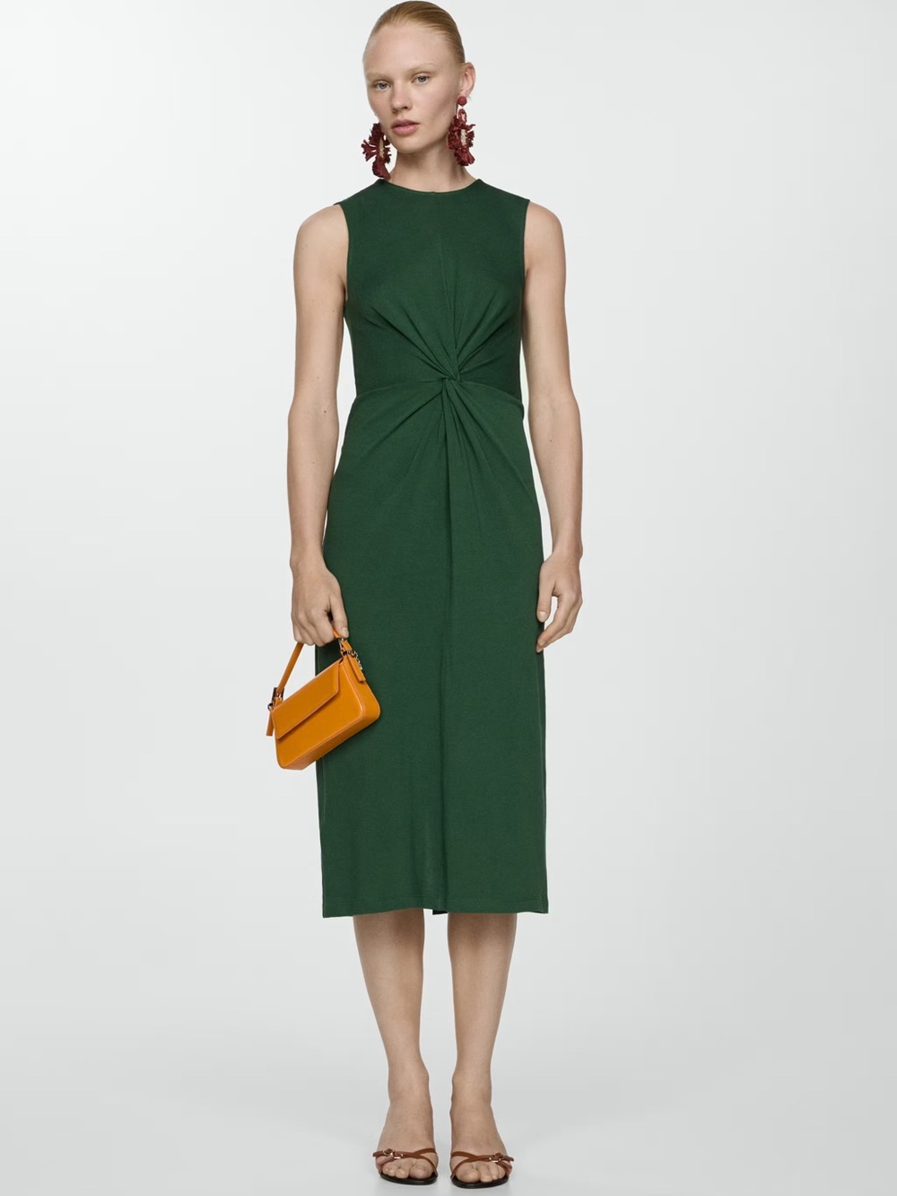 Mango Green midi dress with draped detail NWT